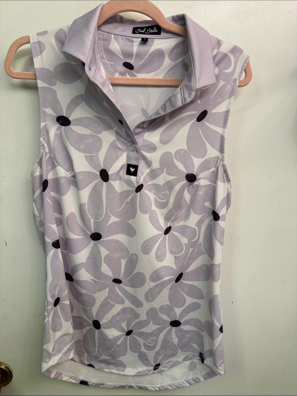Bad Birdie Lilac Floral Sleeveless Polo with Black Dot Centers